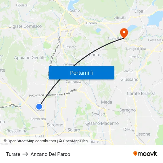 Turate to Anzano Del Parco map