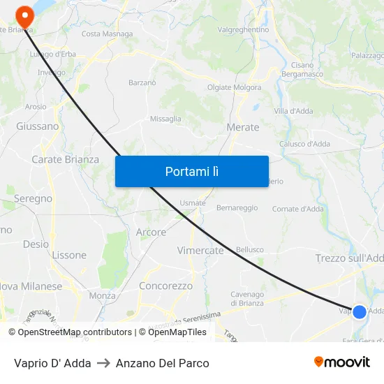 Vaprio D' Adda to Anzano Del Parco map