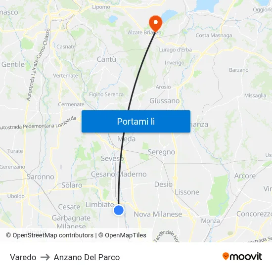 Varedo to Anzano Del Parco map