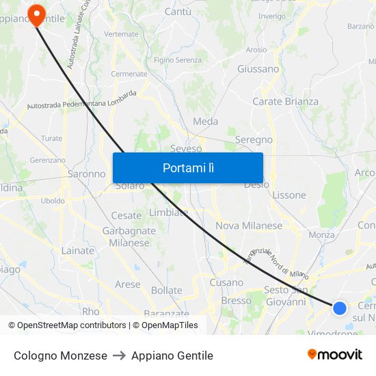 Cologno Monzese to Appiano Gentile map