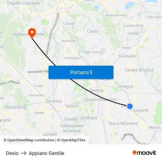 Desio to Appiano Gentile map