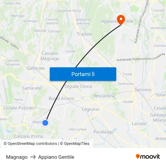 Magnago to Appiano Gentile map