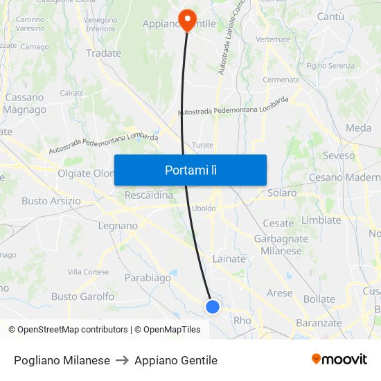 Pogliano Milanese to Appiano Gentile map