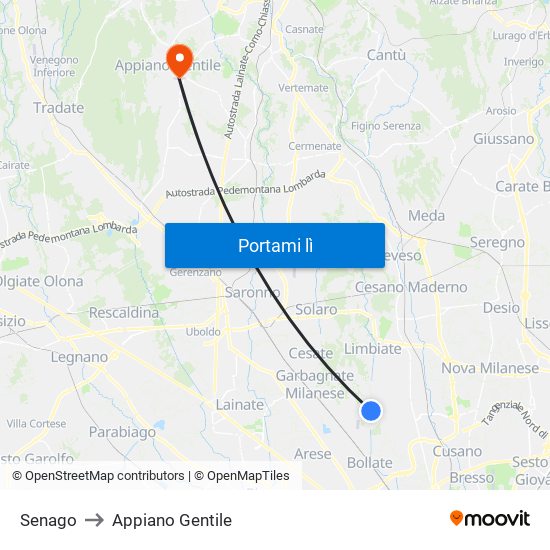 Senago to Appiano Gentile map