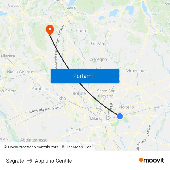 Segrate to Appiano Gentile map
