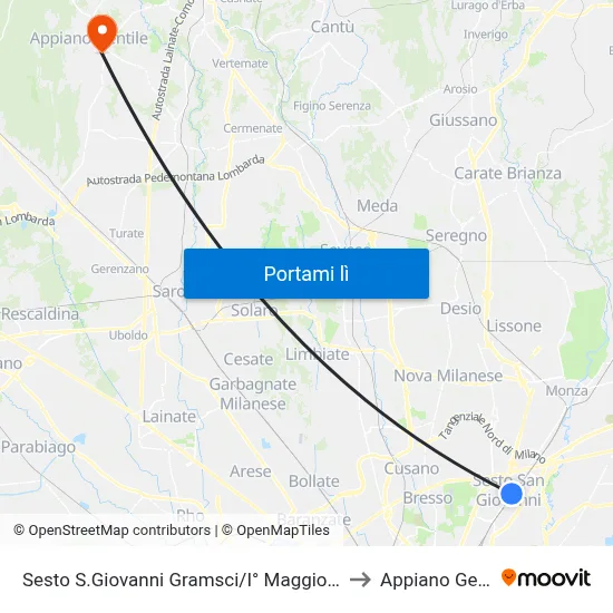 Sesto S.Giovanni Gramsci/I° Maggio (Fs/M1) to Appiano Gentile map