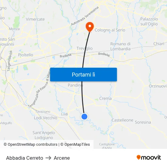 Abbadia Cerreto to Arcene map