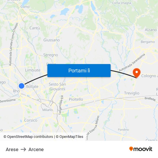 Arese to Arcene map