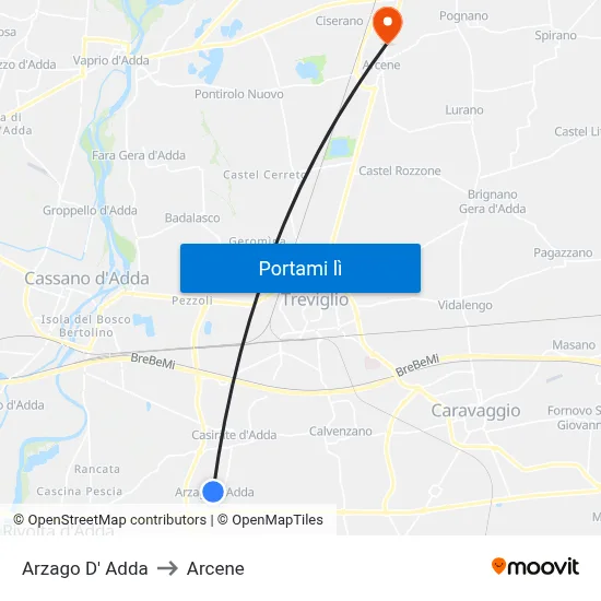 Arzago D' Adda to Arcene map