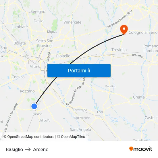 Basiglio to Arcene map