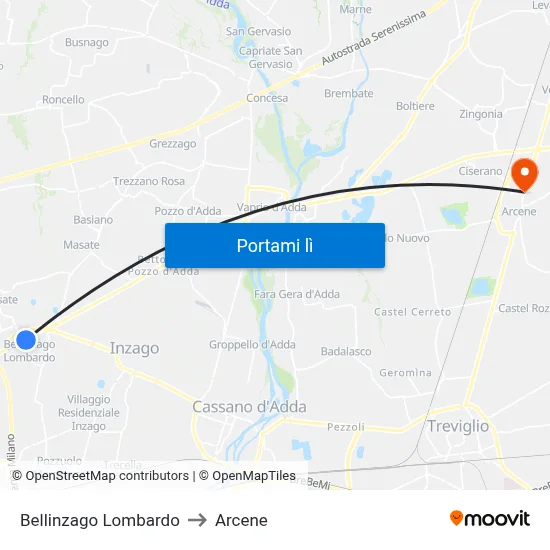 Bellinzago Lombardo to Arcene map