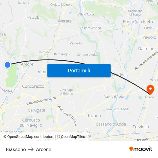 Biassono to Arcene map