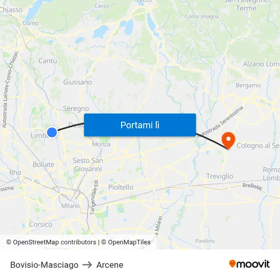 Bovisio-Masciago to Arcene map