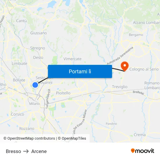 Bresso to Arcene map