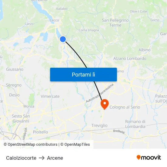 Calolziocorte to Arcene map