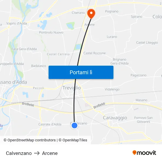 Calvenzano to Arcene map
