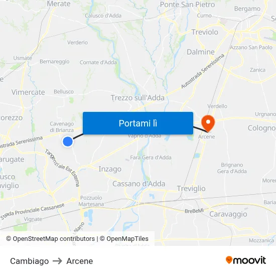 Cambiago to Arcene map