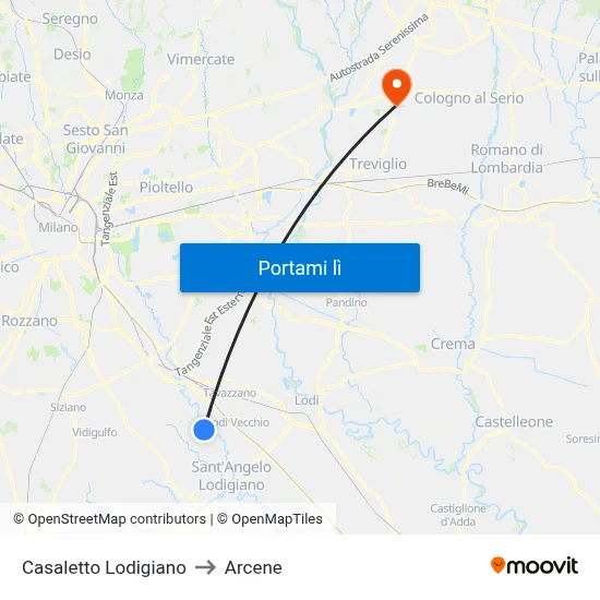 Casaletto Lodigiano to Arcene map