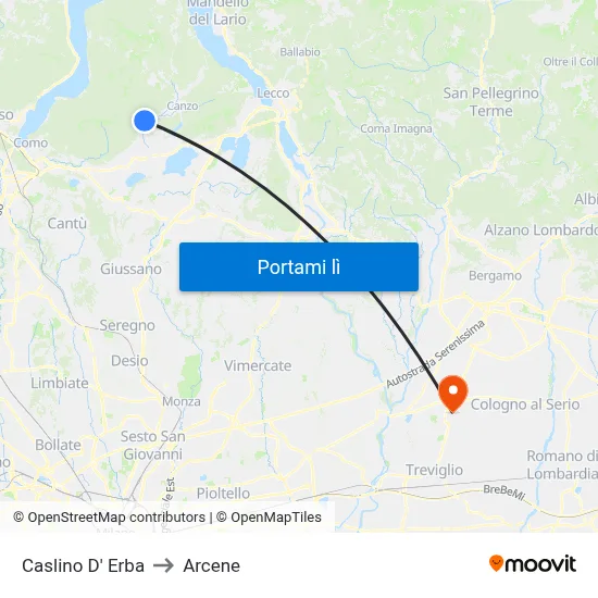 Caslino D' Erba to Arcene map