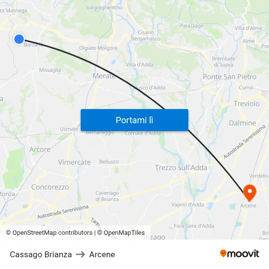 Cassago Brianza to Arcene map