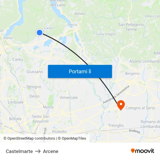 Castelmarte to Arcene map