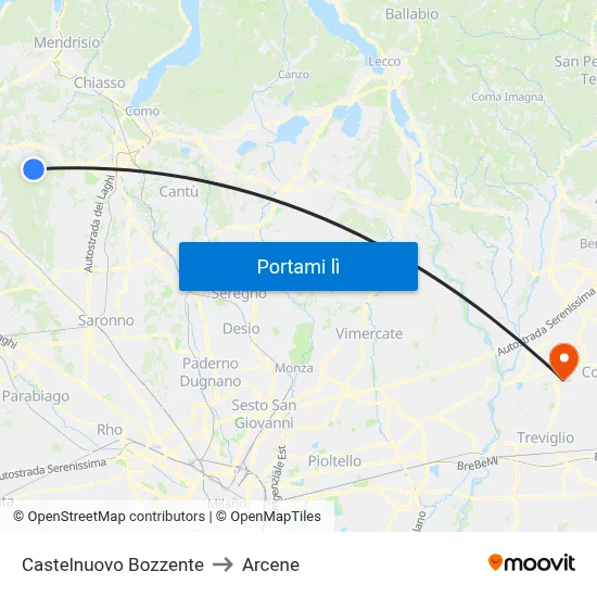 Castelnuovo Bozzente to Arcene map