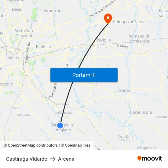 Castiraga Vidardo to Arcene map
