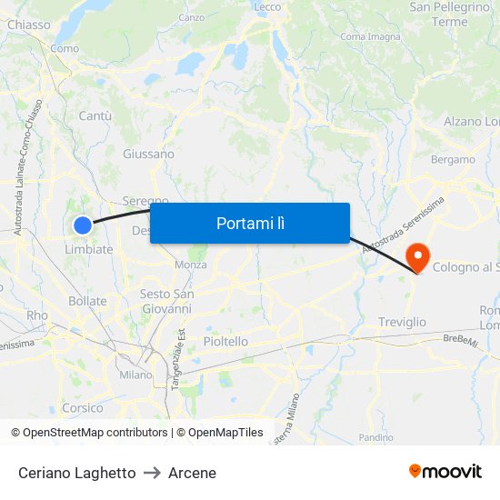 Ceriano Laghetto to Arcene map