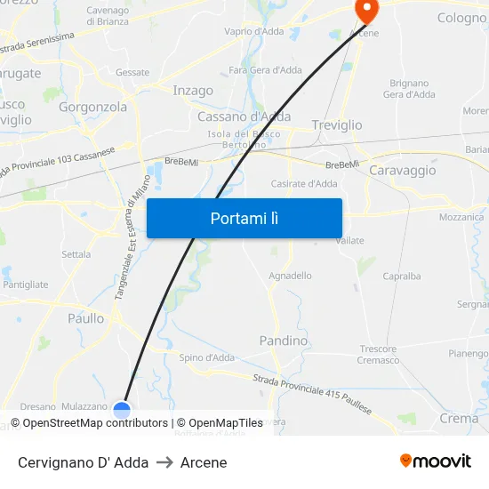 Cervignano D' Adda to Arcene map
