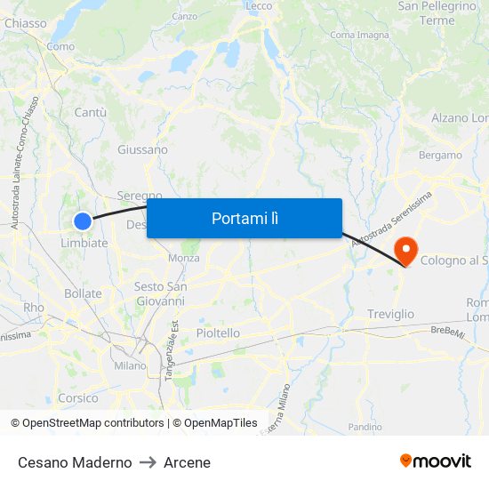 Cesano Maderno to Arcene map