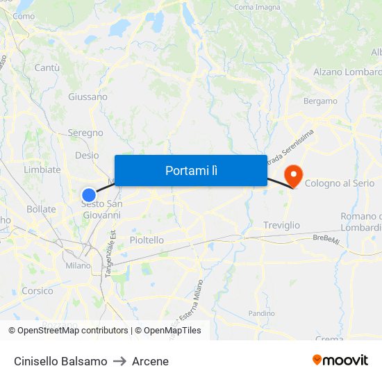 Cinisello Balsamo to Arcene map
