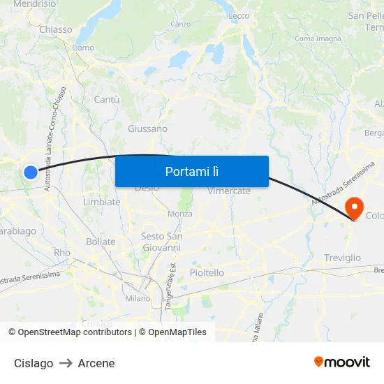 Cislago to Arcene map
