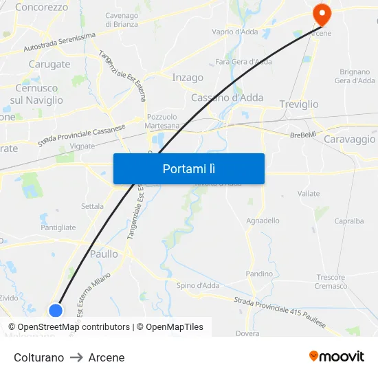 Colturano to Arcene map