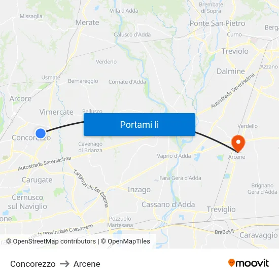 Concorezzo to Arcene map
