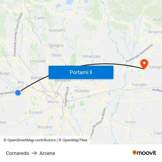 Cornaredo to Arcene map