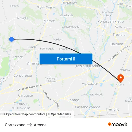Correzzana to Arcene map