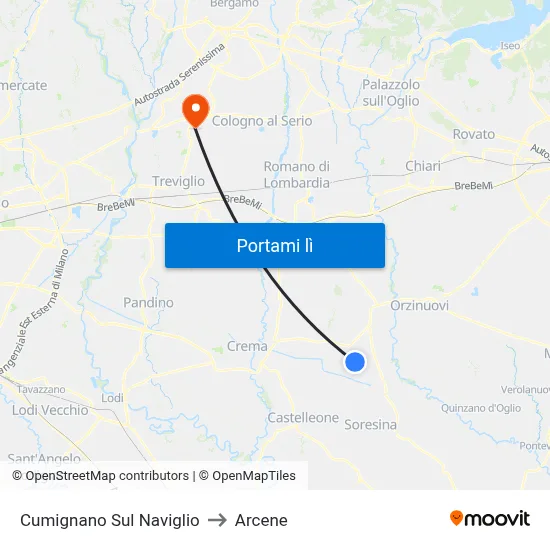 Cumignano Sul Naviglio to Arcene map