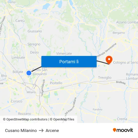 Cusano Milanino to Arcene map