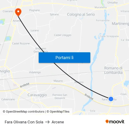 Fara Olivana Con Sola to Arcene map