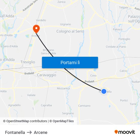 Fontanella to Arcene map