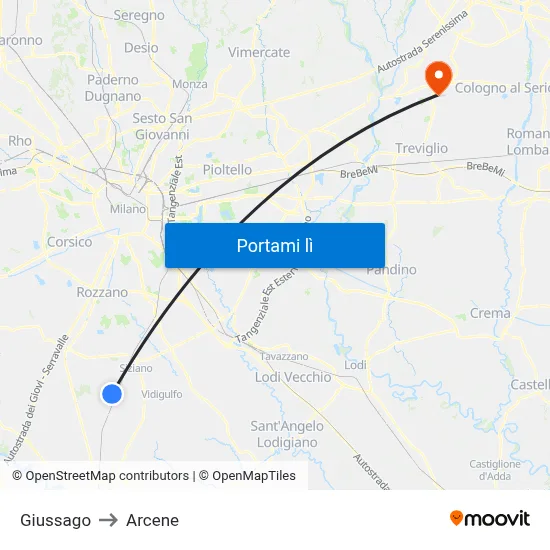 Giussago to Arcene map