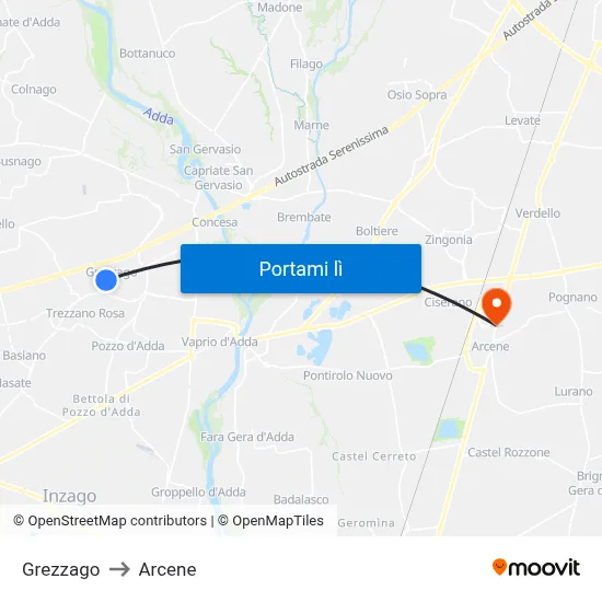 Grezzago to Arcene map