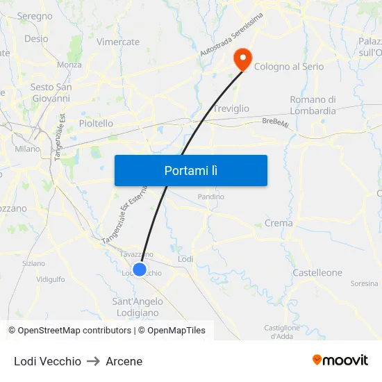 Lodi Vecchio to Arcene map