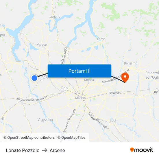 Lonate Pozzolo to Arcene map