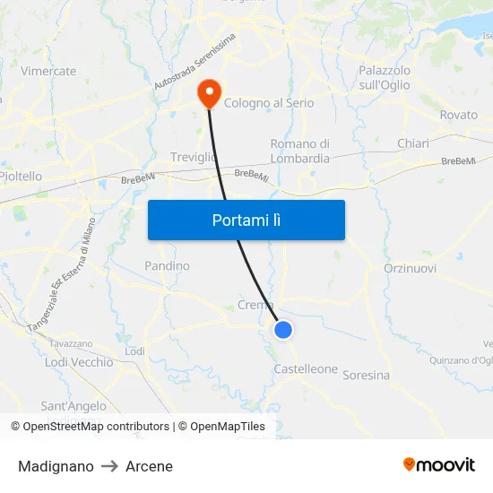 Madignano to Arcene map