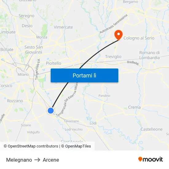 Melegnano to Arcene map