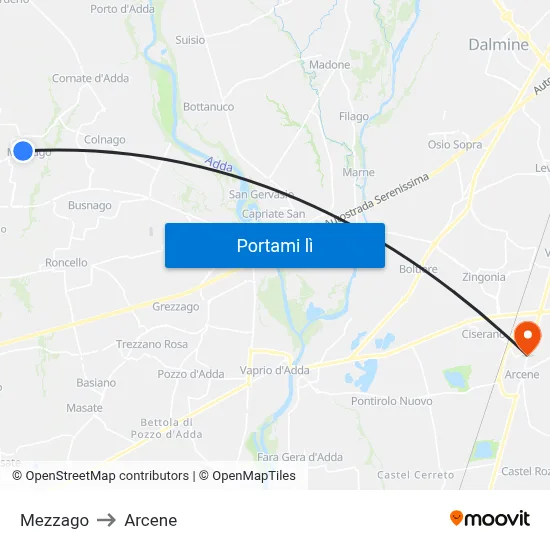Mezzago to Arcene map