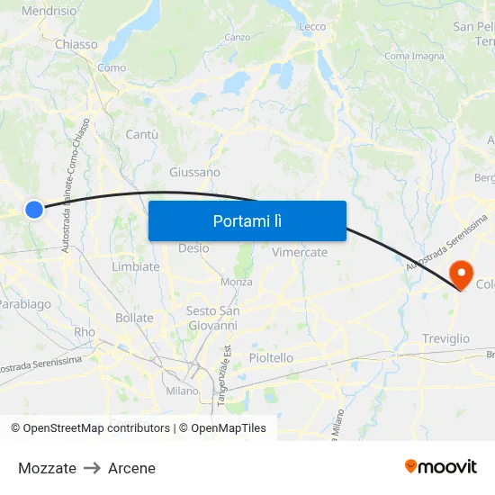 Mozzate to Arcene map