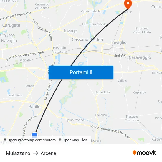 Mulazzano to Arcene map