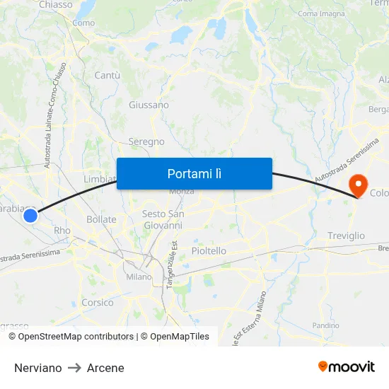 Nerviano to Arcene map